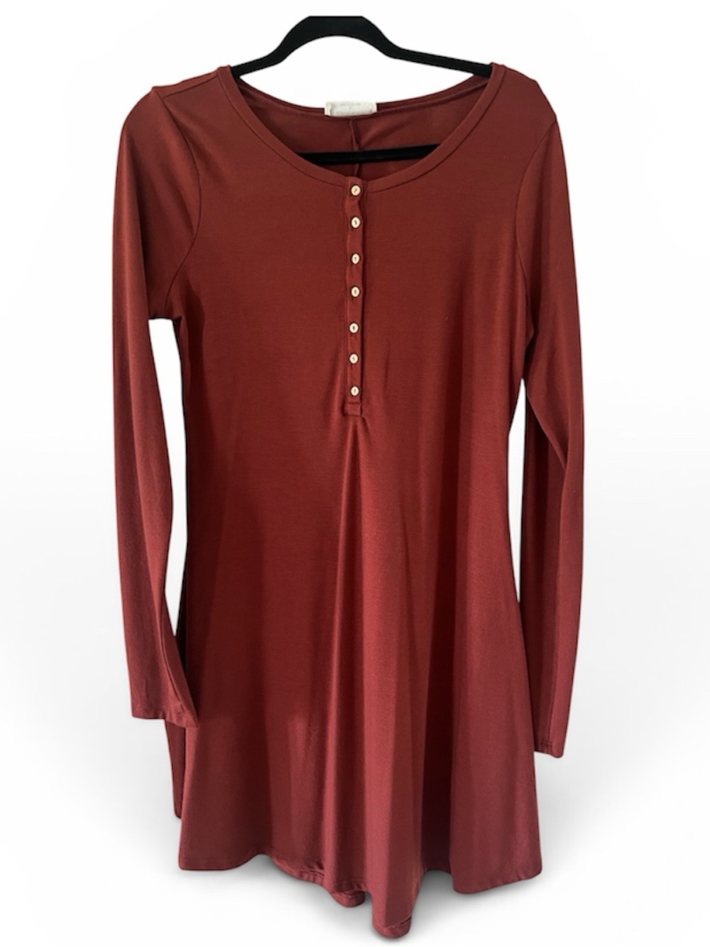 Zenana Outfitters Long-Sleeve Henley Swing Dress in Rust Red